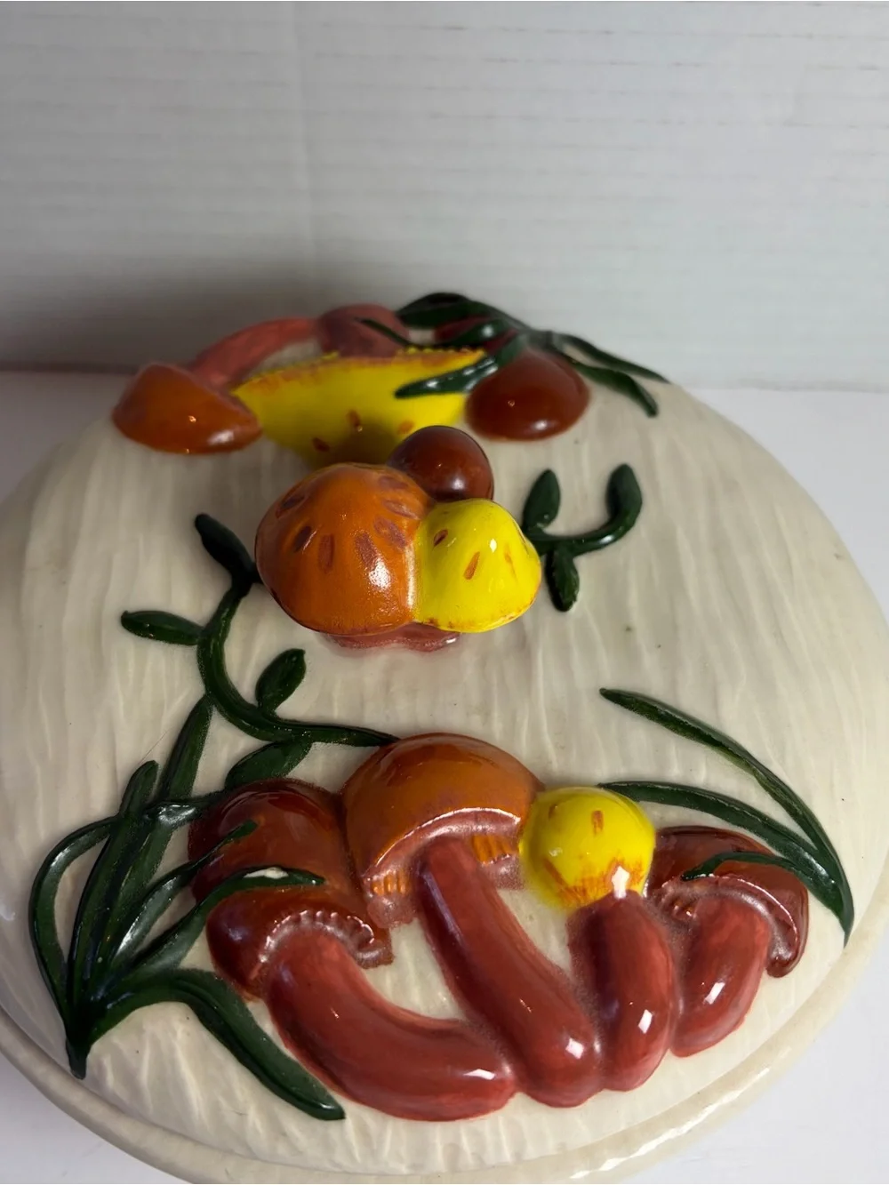 VTG 1970s Arnel's Mushroom Lidded Dish Hand Painted Yellow Green Rust